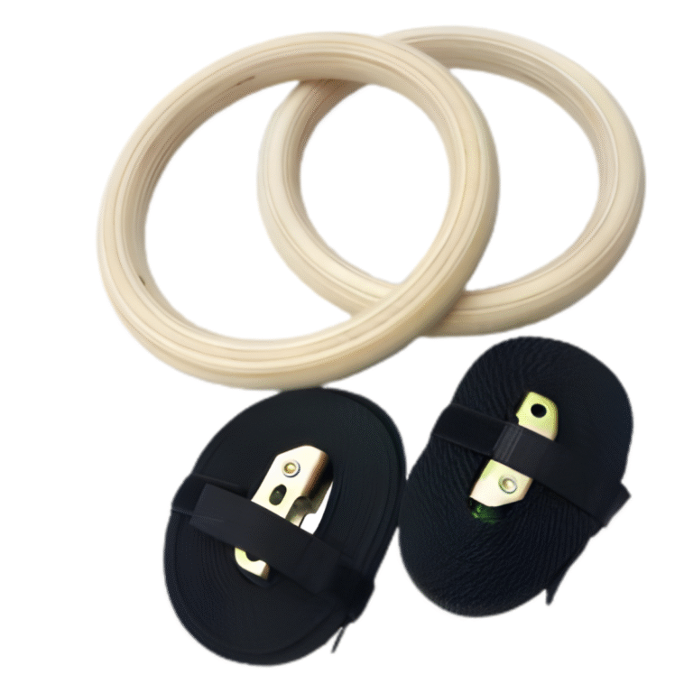 Argollas de madera con correas de nylon negro y hebillas metálicas resistentes.