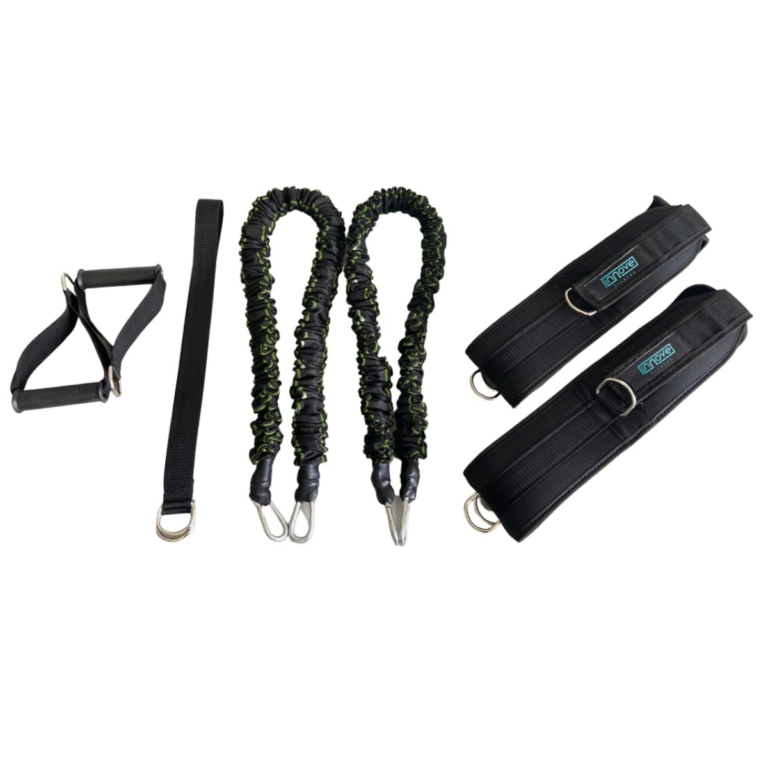 Cinturón de Tracción Doble Innove Pilates con elásticos encapados, tiradores y anclaje de alta resistencia.