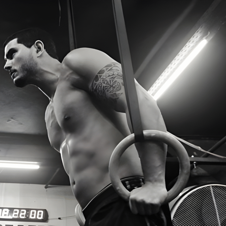 Entrenamiento funcional con argollas olímpicas Innove Pilates instaladas en estructura metálica.