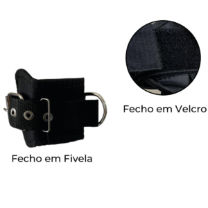 Detalle de la fivela metálica y materiales resistentes de la tobillera Innove Pilates para polia baja y cama de Pilates.