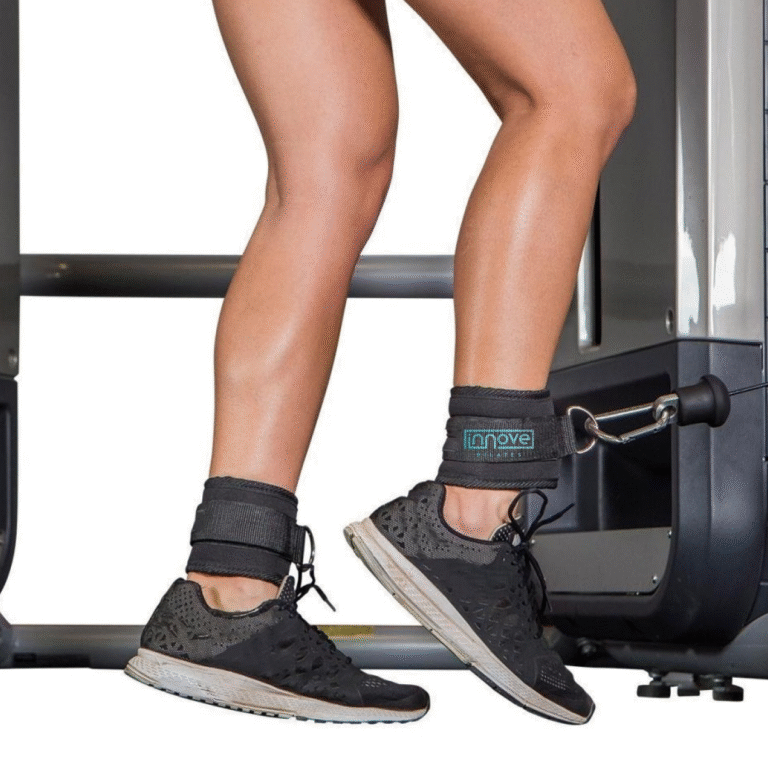 Tobillera Innove Pilates utilizada en máquina de polia baja durante entrenamiento de piernas y glúteos.