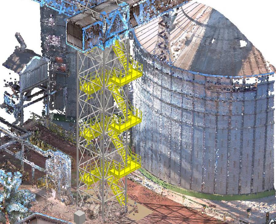Proyecto modelado en amarillo sobre la nube de puntos de un silo