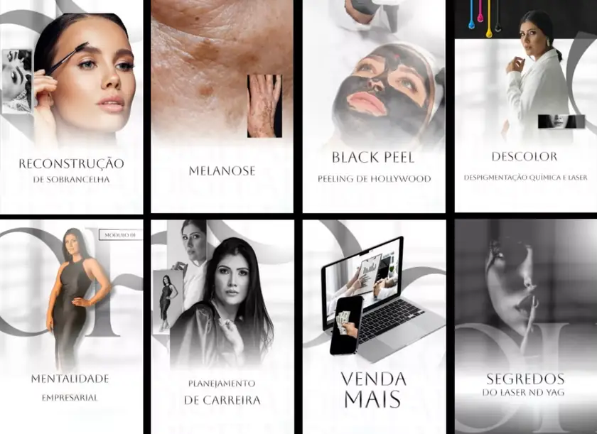 Cursos de la plataforma: cejas, melanosis, Black Peel, descolor y módulos de negocio